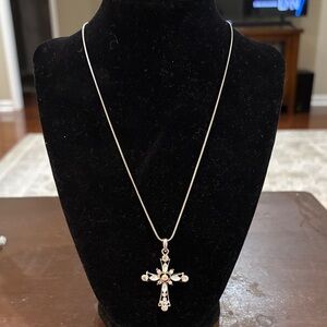 Silver-Tone Cross Pendant Necklace with Opal Accent - Women Jewelry